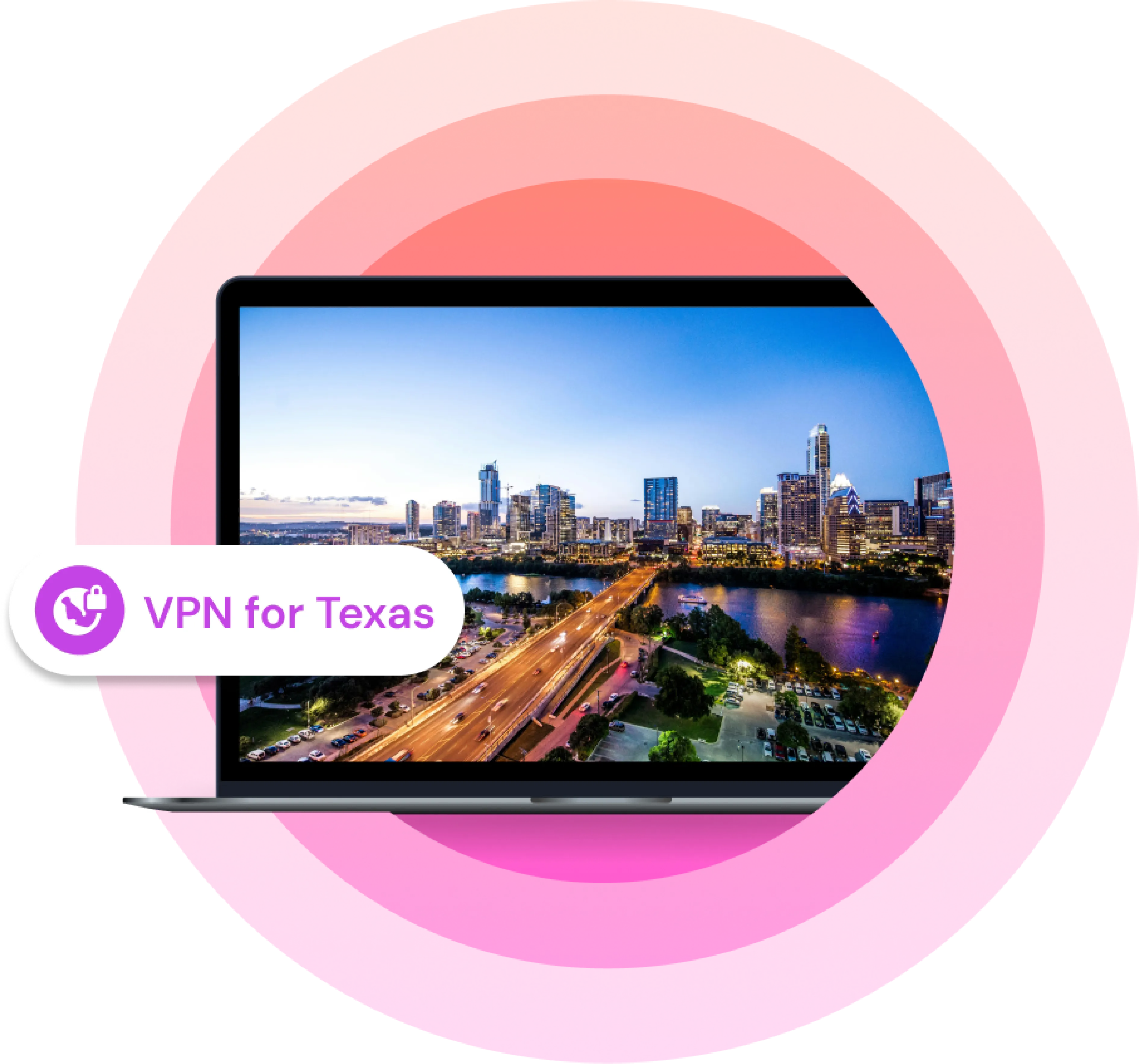 Laptop with an image of a city in Texas in the evening